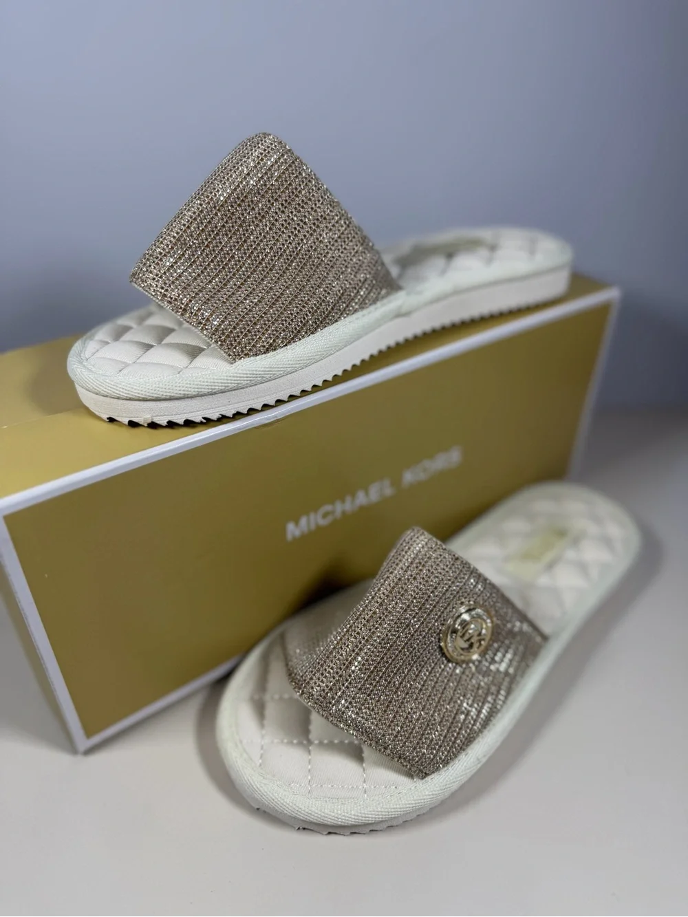 Michael Kors Gold Glitter Quilted Slide Sandals